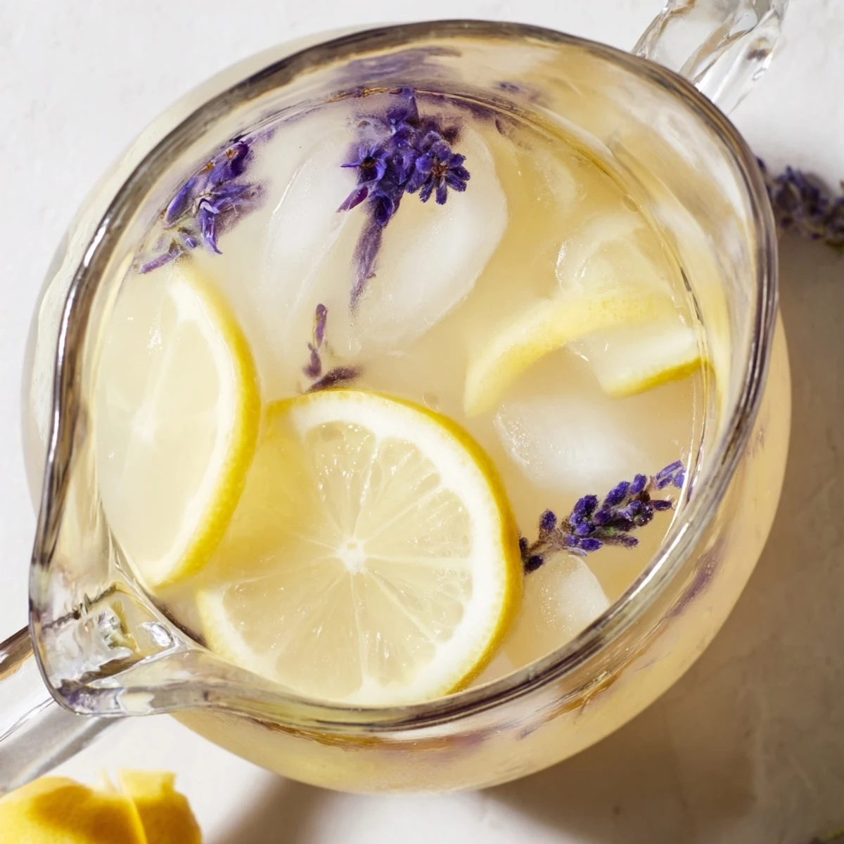 Garnished glass of lavender lemonade with floating ice cubes and fresh lemon slices