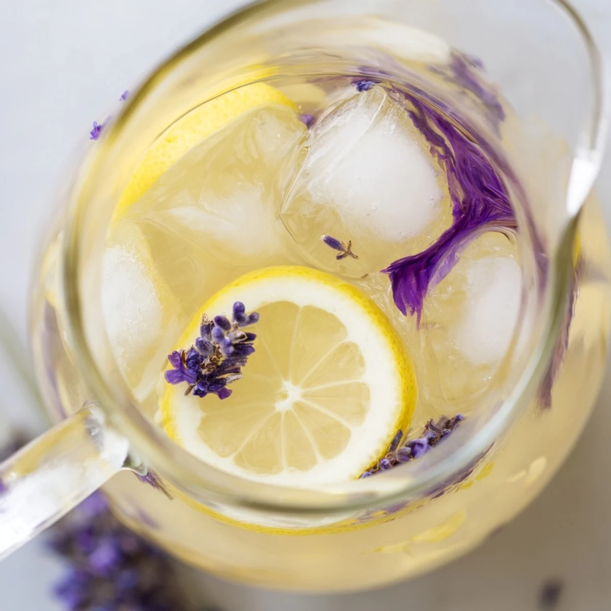 Clear pitcher filled with floral lavender lemonade garnished with purple sprigs and citrus