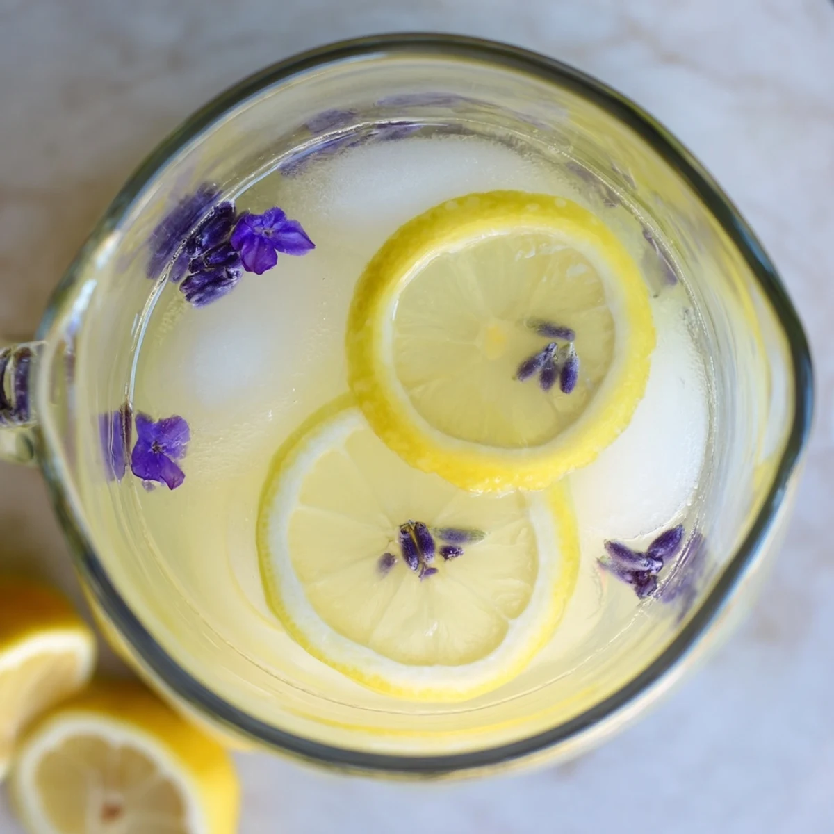 Refreshing lavender lemonade served over ice with delicate lavender flowers floating on top