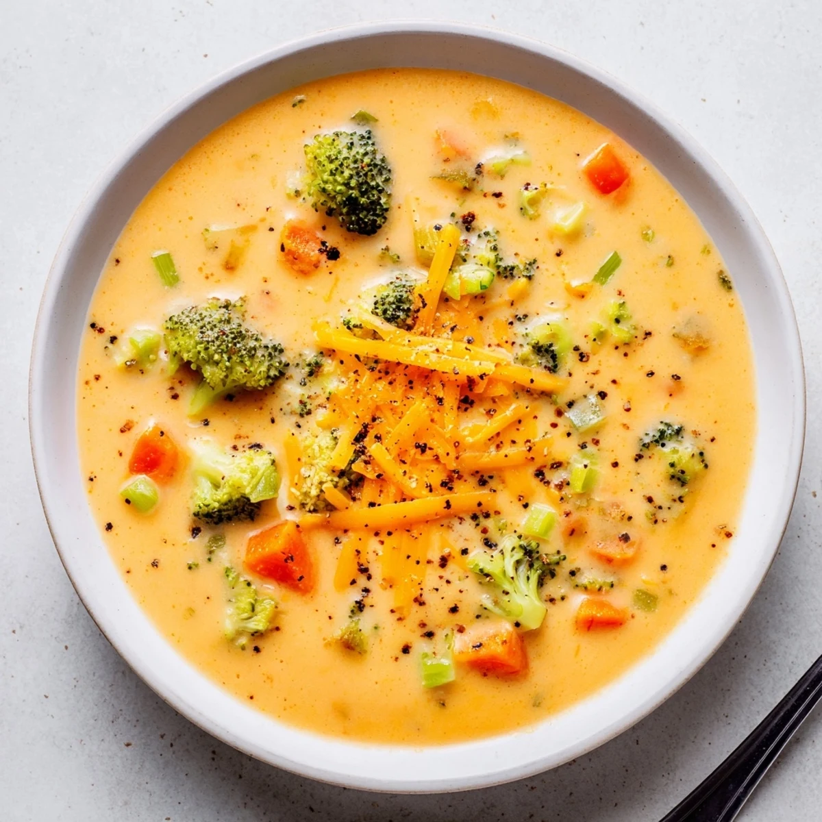 Golden bowl of creamy slow cooker broccoli cheddar soup topped with melted cheese