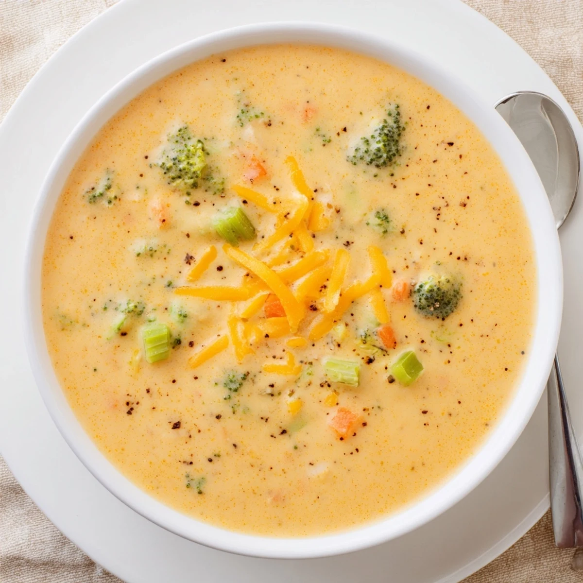 Rich slow cooker broccoli cheddar soup garnished with shredded cheese and broccoli florets