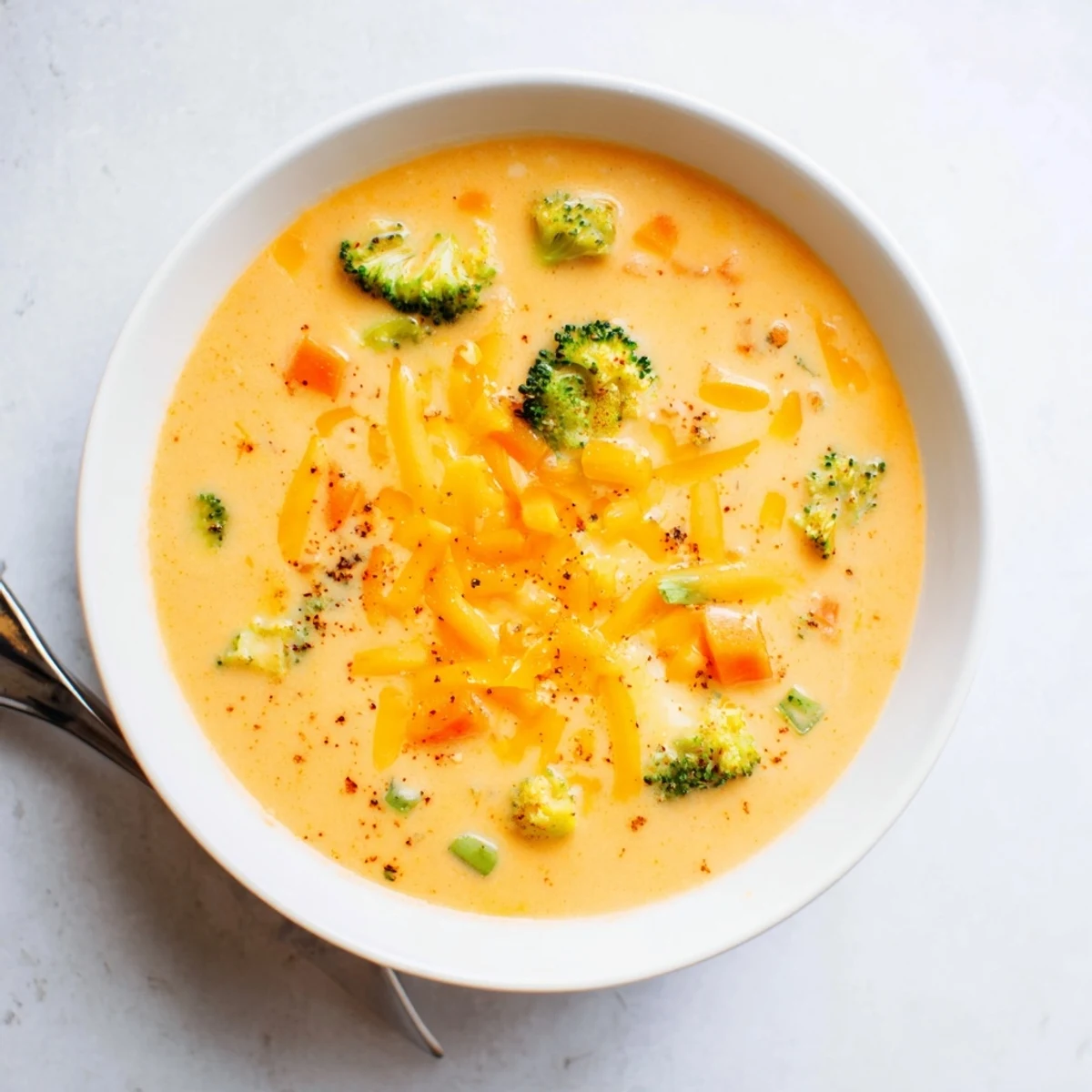 Spoon lifts velvety broccoli cheddar soup from slow cooker with fresh bread alongside