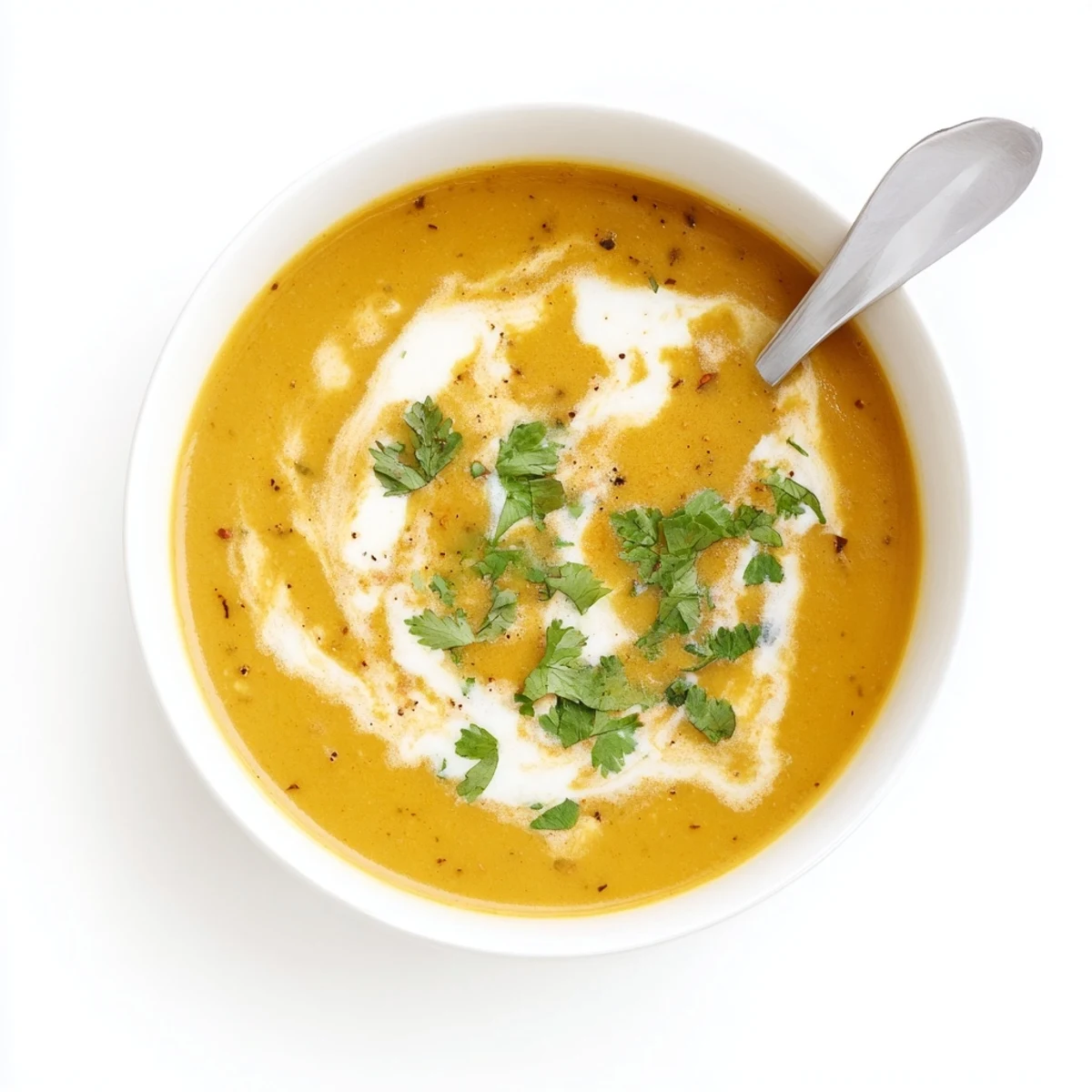 Golden bowl of aromatic spicy apple soup garnished with chopped coriander and drizzled coconut milk