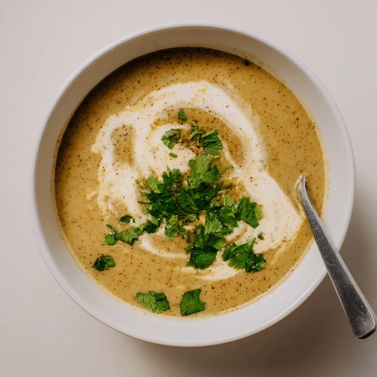 Creamy spicy apple soup in a white bowl topped with coconut cream swirl and fresh green herbs