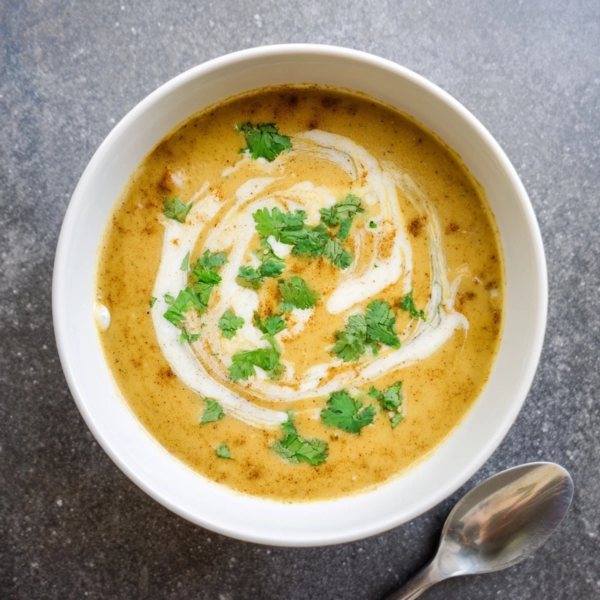 Close-up of smooth spicy apple soup with red chili flakes and fresh parsley on a rustic wooden surface
