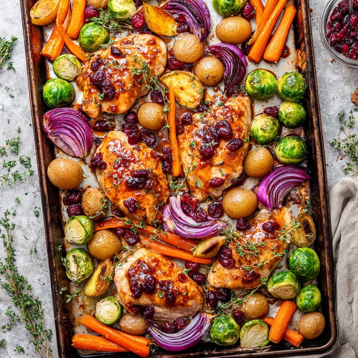 Golden glazed honey cranberry chicken breasts roasted with colorful Brussels sprouts and baby potatoes on a baking sheet