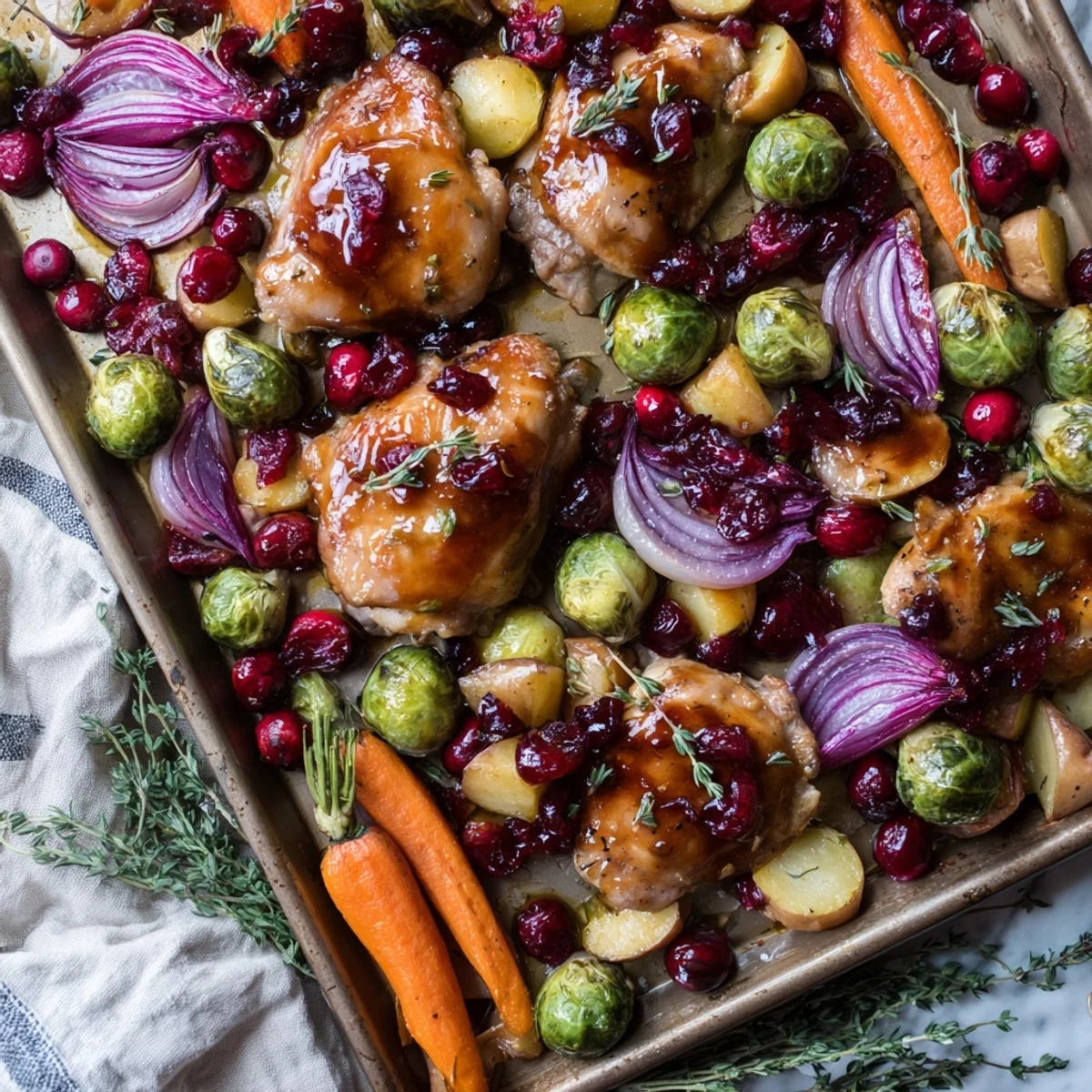 Juicy chicken thighs coated in tangy honey cranberry glaze served alongside caramelized roasted vegetables for an easy weeknight dinner