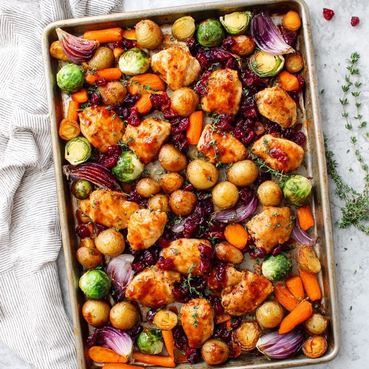 One pan honey cranberry chicken dinner featuring tender meat nestled among roasted carrots, onions, and seasonal fall vegetables