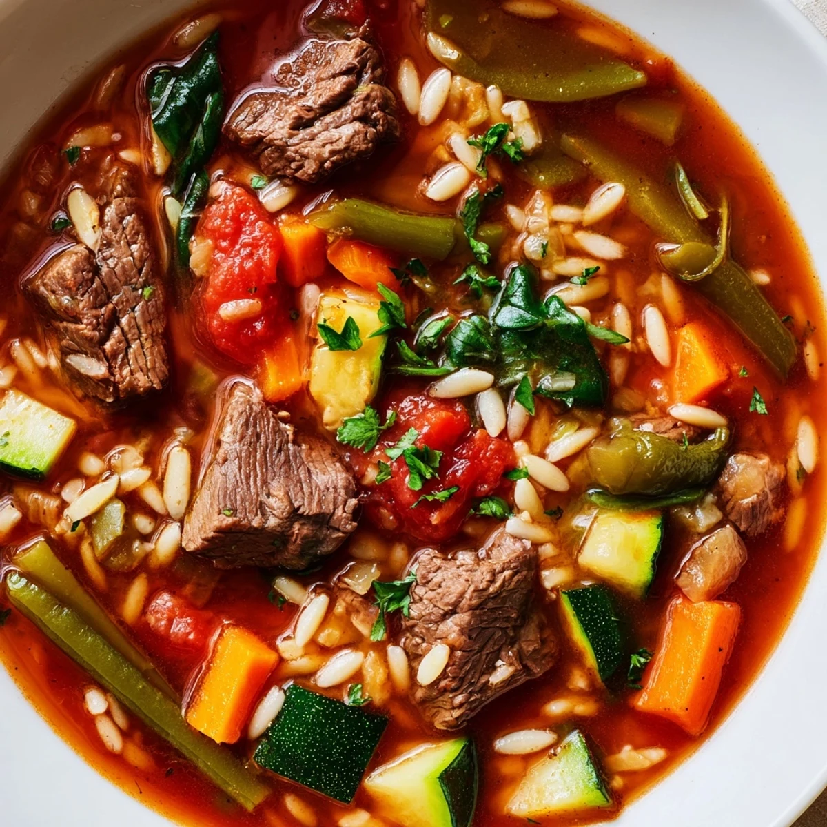 Steaming bowl of hearty beef and orzo soup with tender vegetables in savory broth
