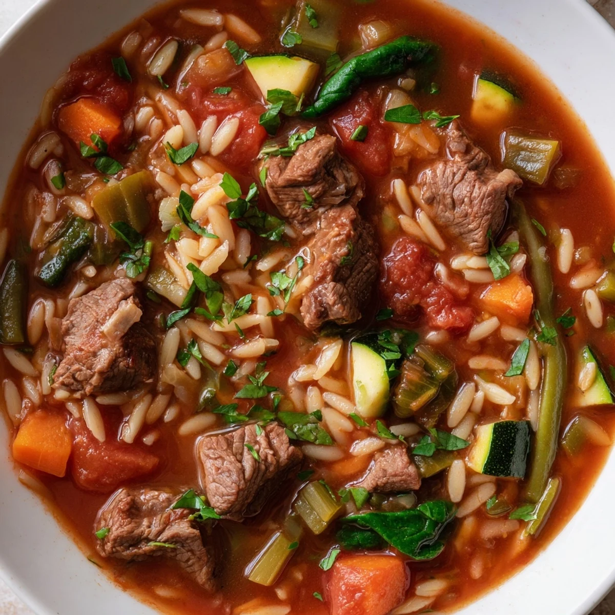 Hearty beef and orzo soup topped with fresh parsley in white ceramic bowl