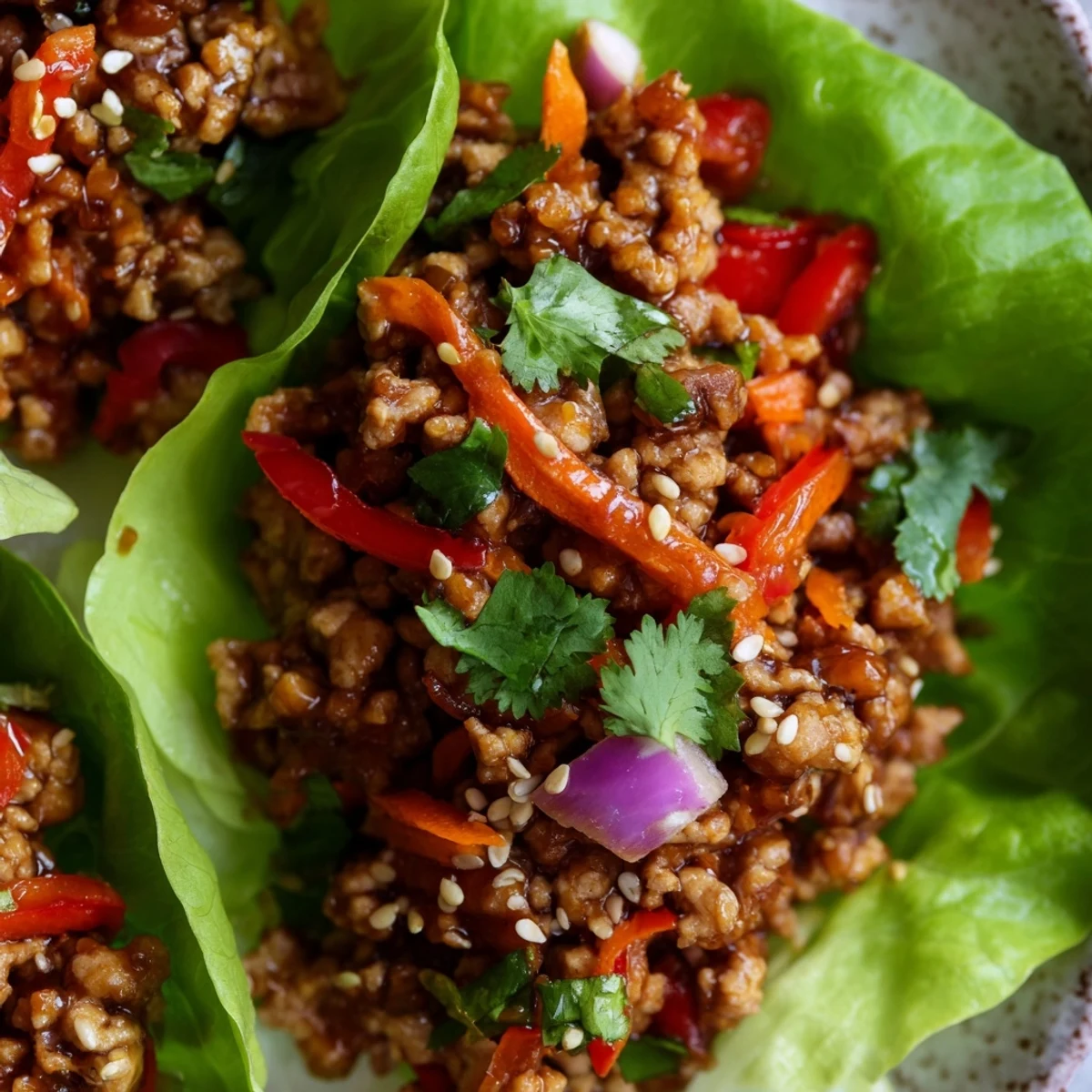 Seasoned ground turkey filling nestled in crisp romaine lettuce cups with fresh herbs