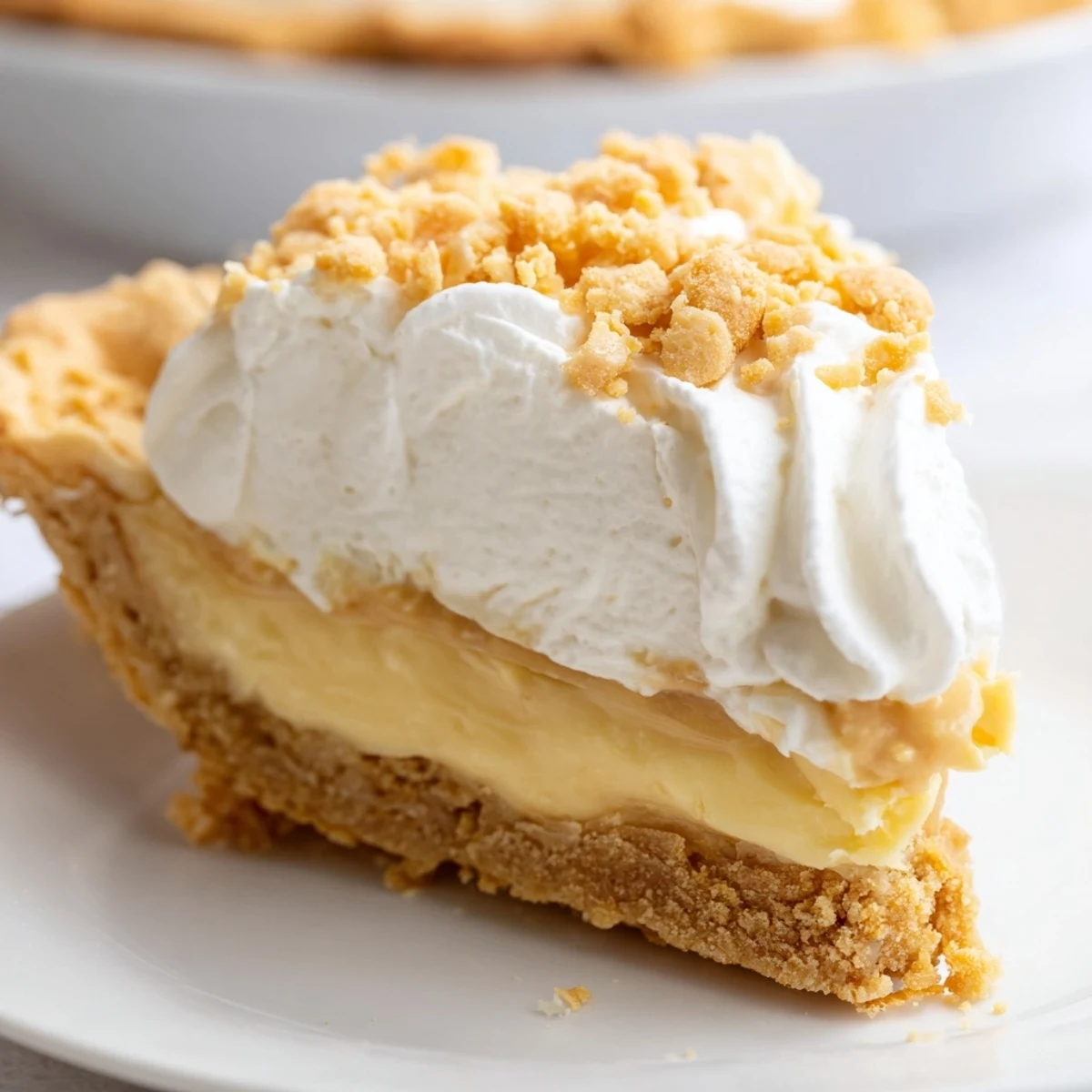 Creamy Old Fashioned Amish Peanut Butter Dream Pie topped with fluffy whipped cream and golden crumbs