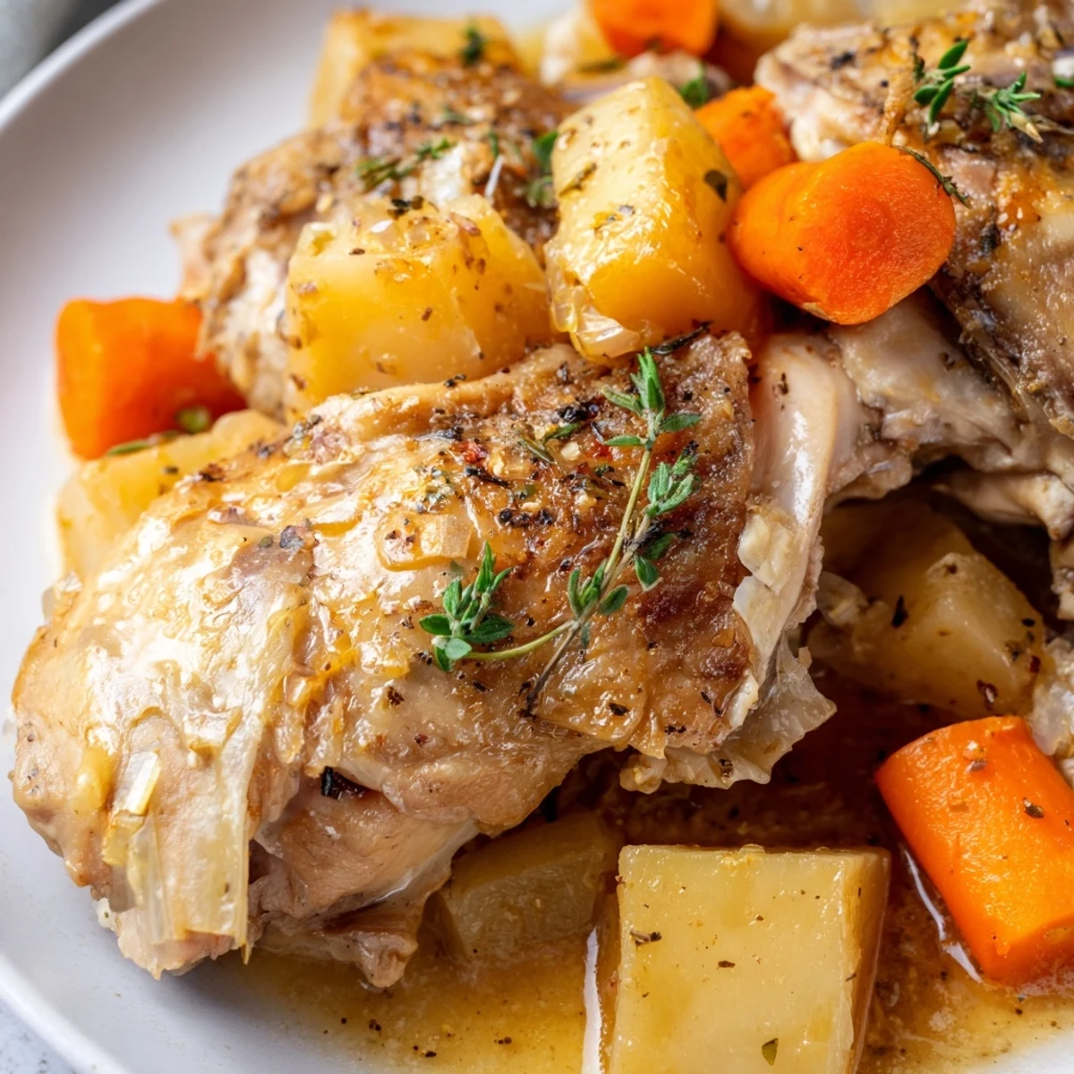 Slow cooker chicken dinner with tender vegetables in savory herb sauce served warm