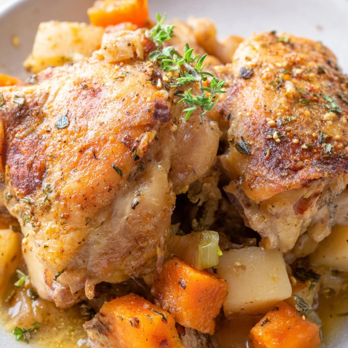 Juicy slow cooker chicken dinner nestled among chunky potatoes and carrots in broth