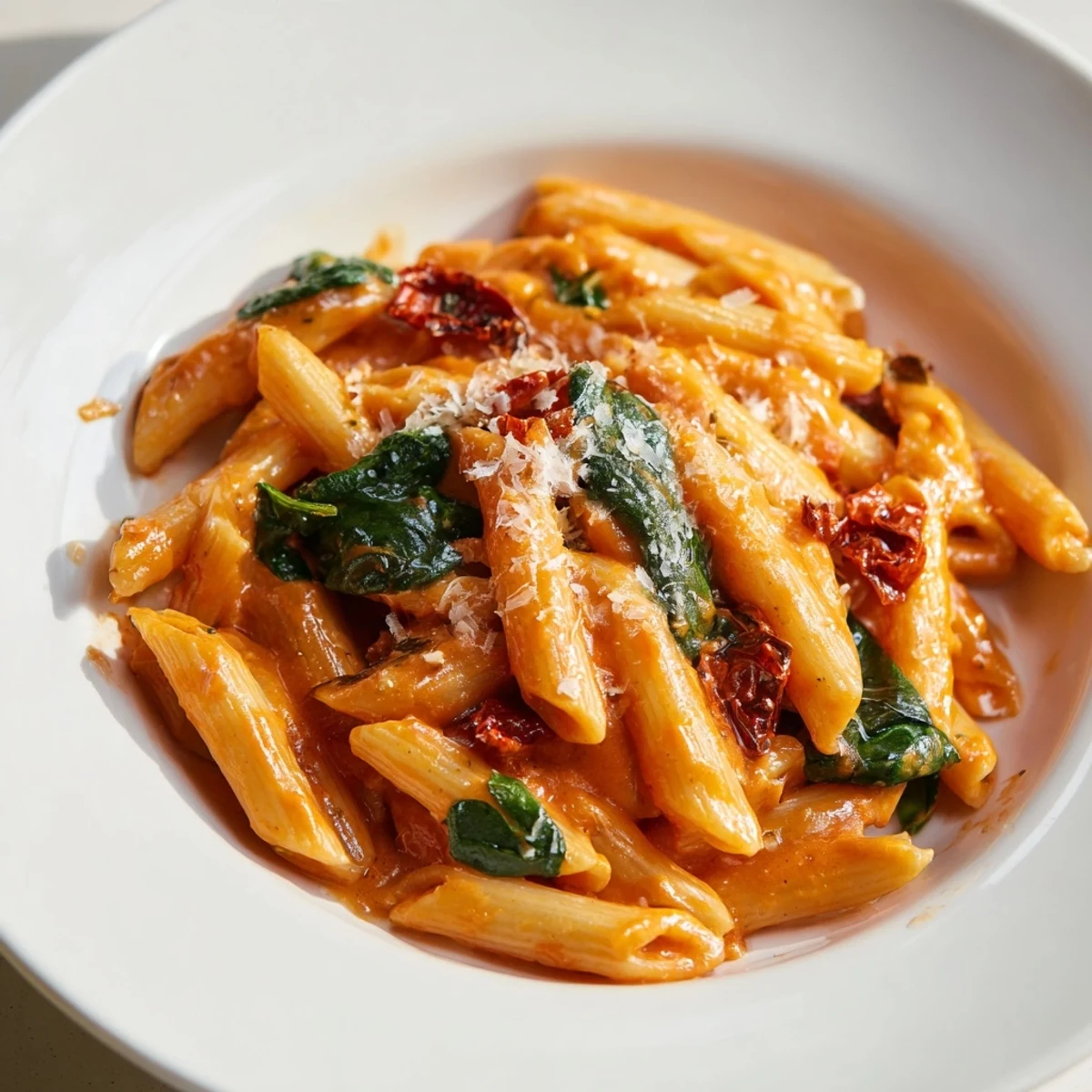 Creamy sun dried tomato spinach pasta in a skillet with velvety sauce coating every tender noodle