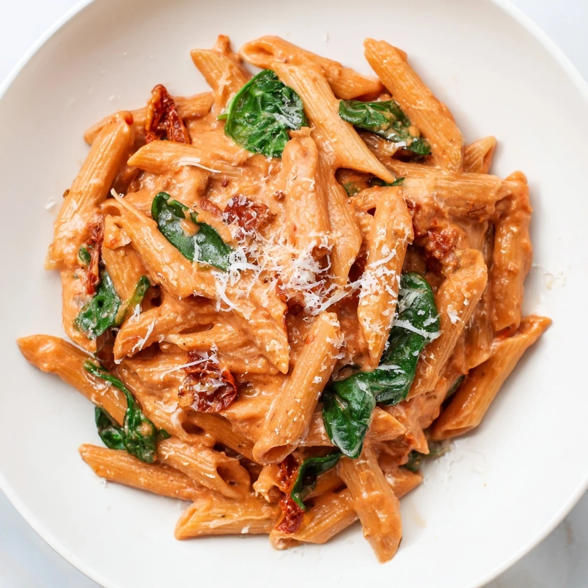 One pan creamy sun dried tomato spinach pasta topped with grated Parmesan and fresh herbs