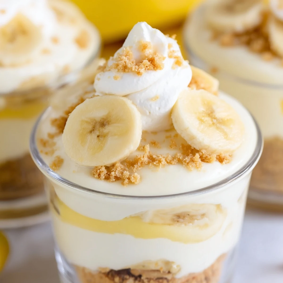 Creamy banana pudding cheesecake cups topped with fresh banana slices and crunchy vanilla wafer crumbs in individual glass jars