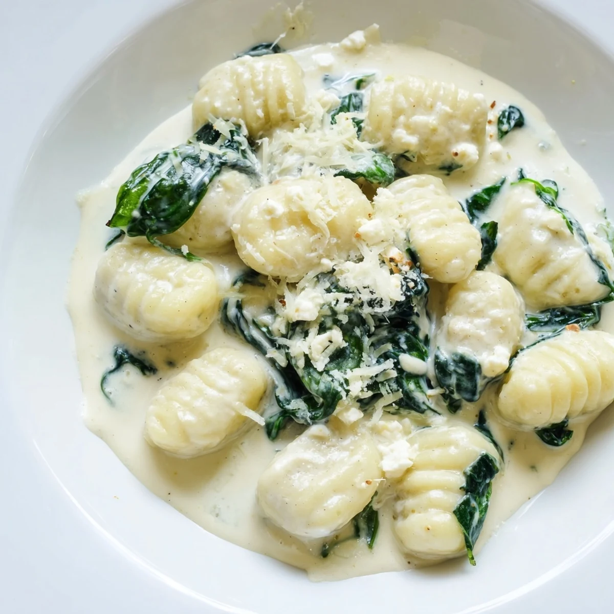 Creamy gnocchi with spinach and feta served in a rustic white bowl with fresh herbs