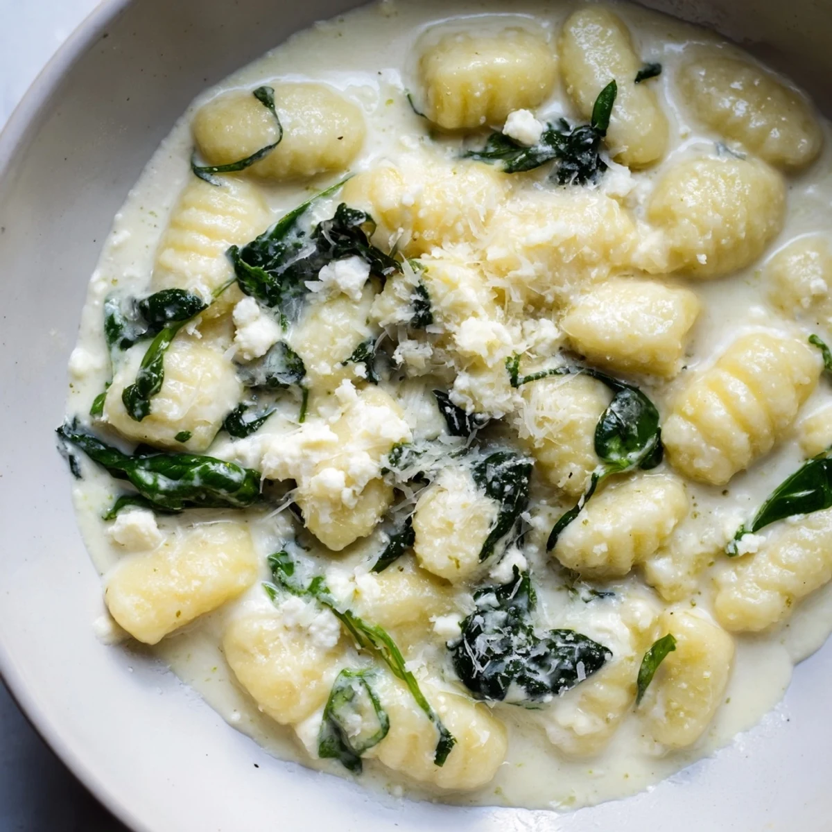 Tender potato gnocchi with spinach and feta glistening in a velvety white cheese sauce