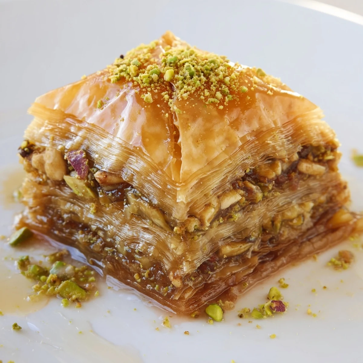 Golden Bosnian baklava diamonds glistening with sweet syrup on a white serving plate
