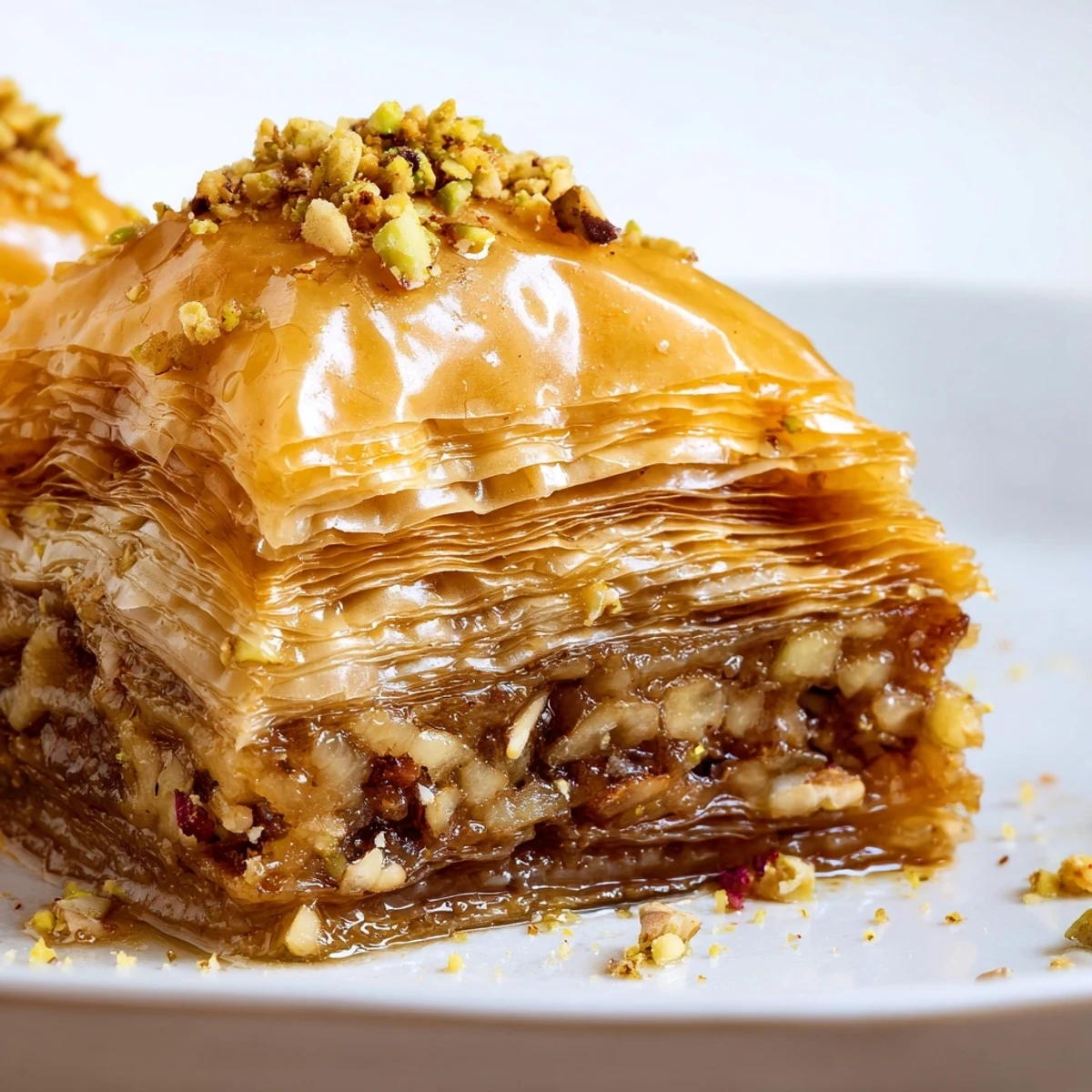 Crisp layered Bosnian baklava pastry filled with spiced walnuts and drizzled honey