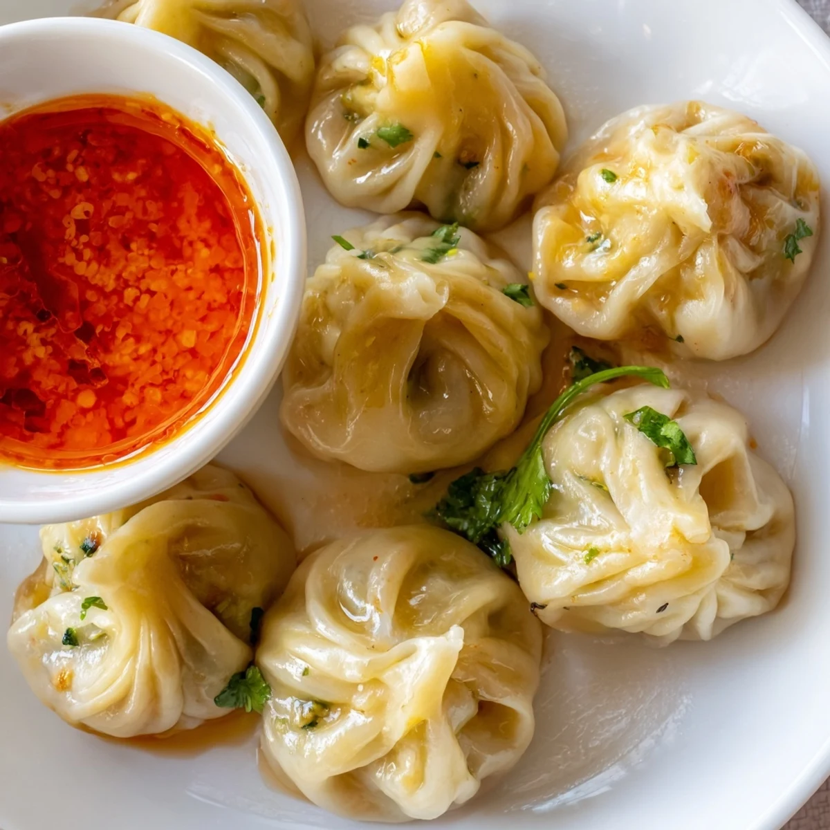 Steaming hot Nepali momo dumplings arranged on a bamboo steamer with pleated edges visible