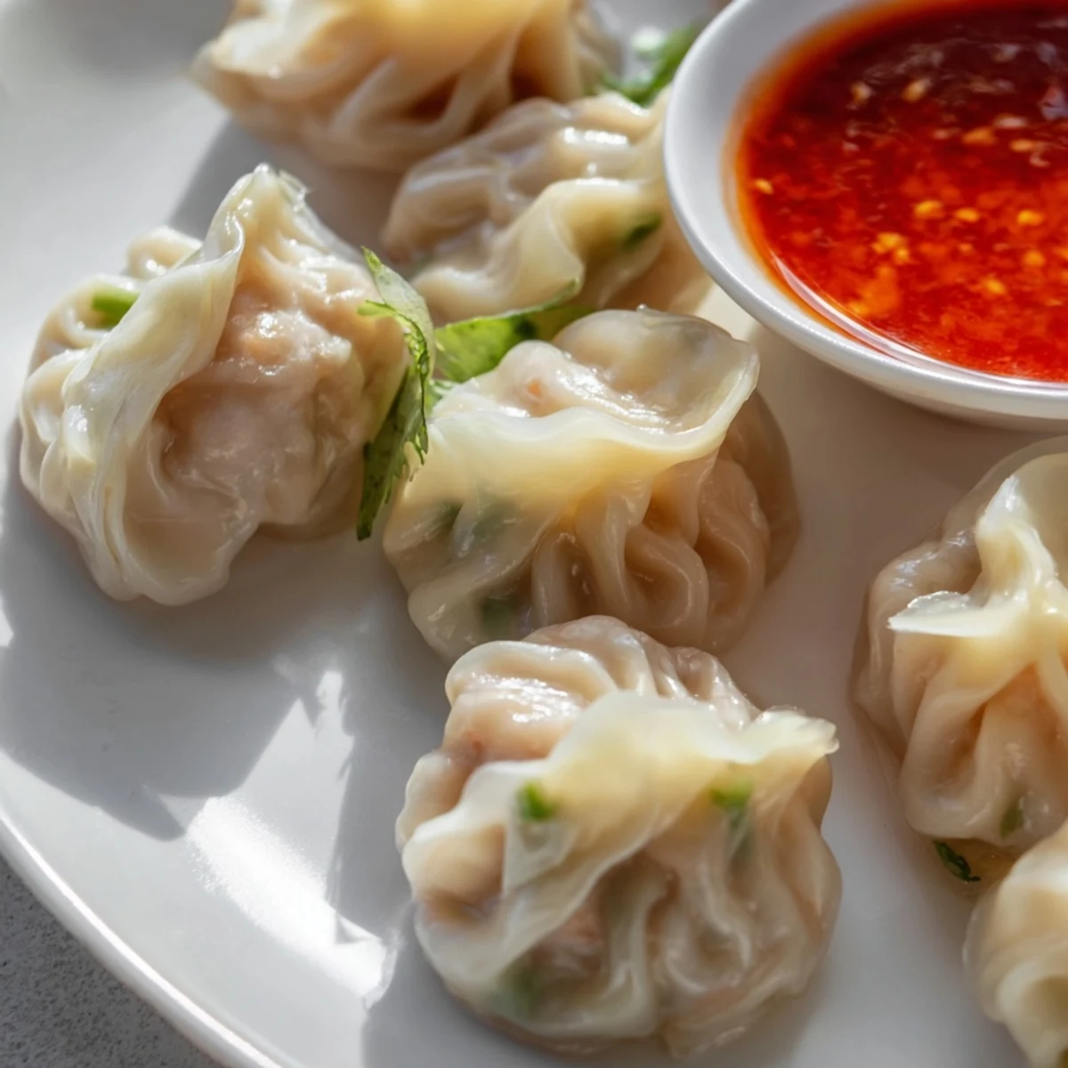 Golden Nepali momo dumplings served alongside vibrant red tomato sesame dipping sauce