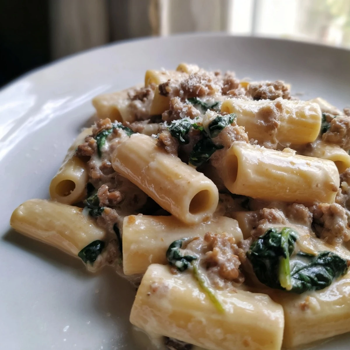 Creamy high protein beef pasta in a white bowl with parmesan and fresh herbs