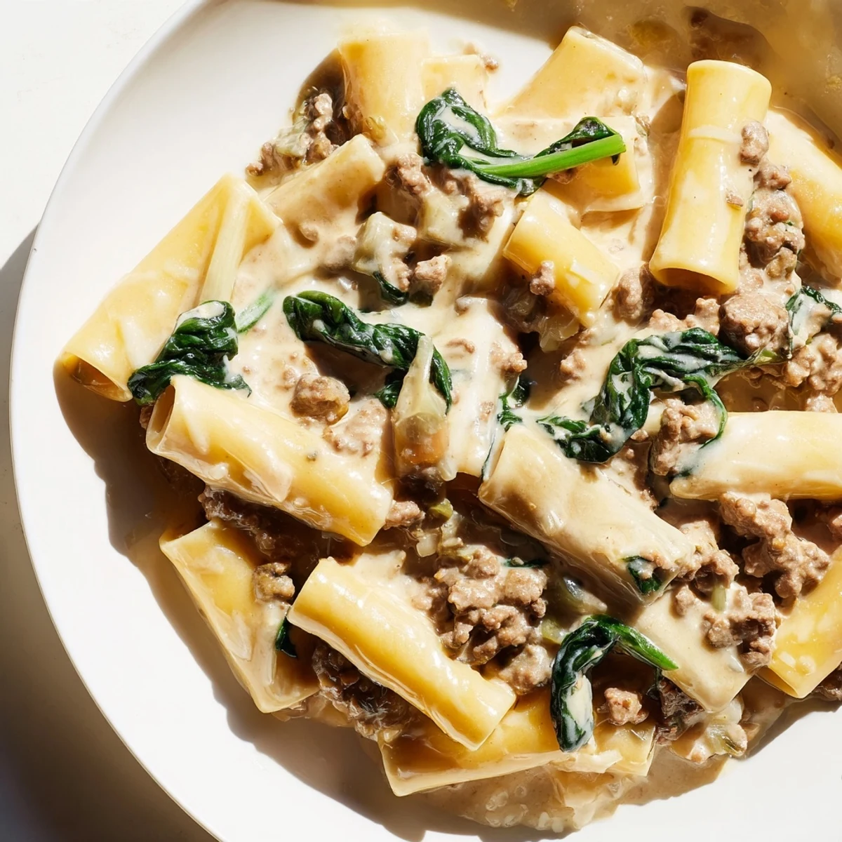 Tender ground beef and spinach tossed in creamy high protein beef pasta sauce