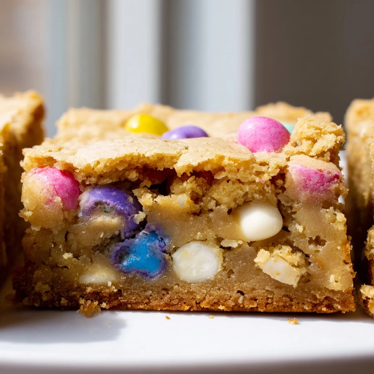 Chewy Mini Cadbury Easter Egg blondies with colorful candy pieces scattered across golden squares