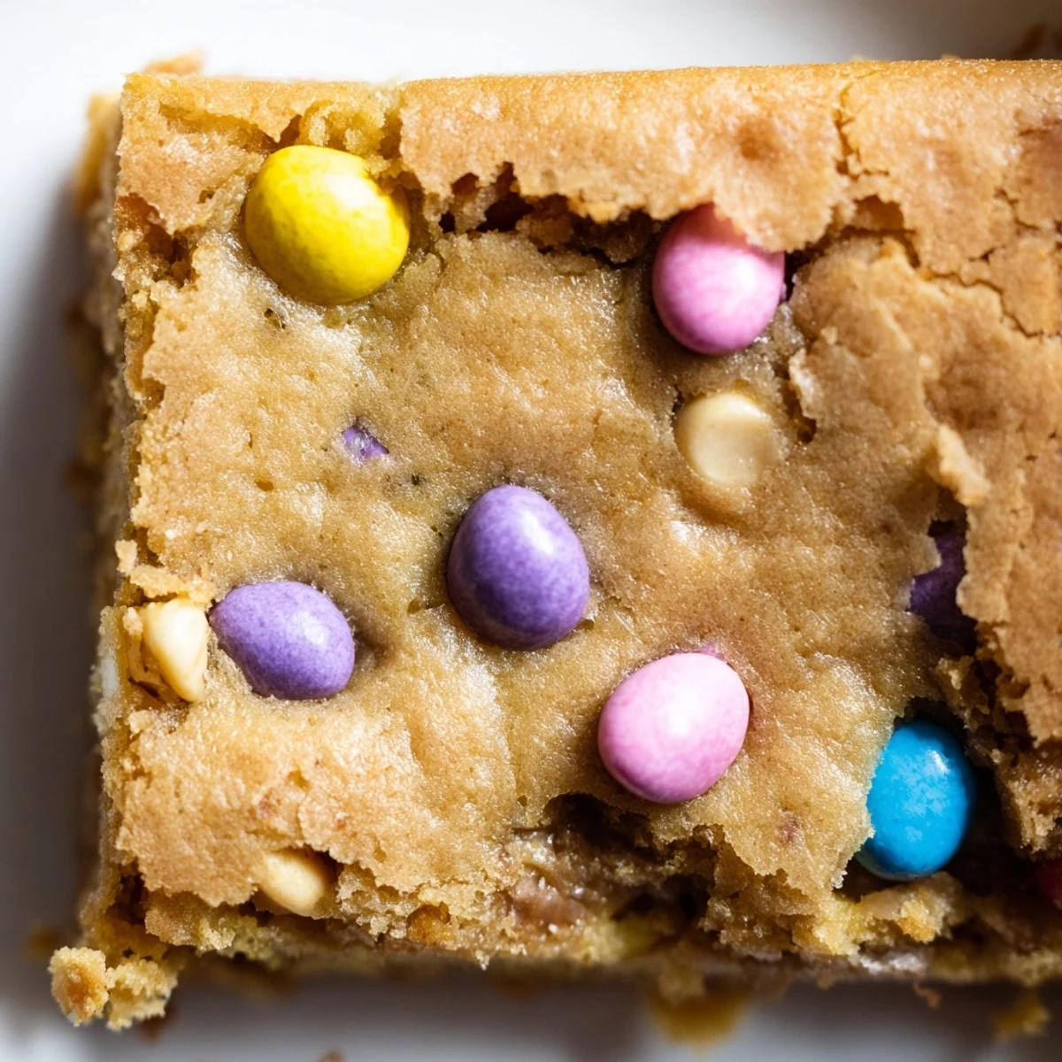 Golden blondie bars studded with pastel Mini Cadbury Easter Eggs and creamy white chocolate
