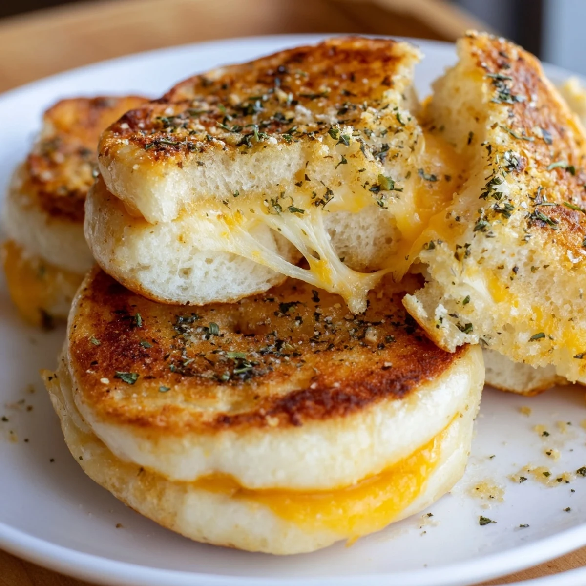 Mini grilled cheese Hawaiian rolls brushed with garlic butter and sprinkled with dried parsley flakes