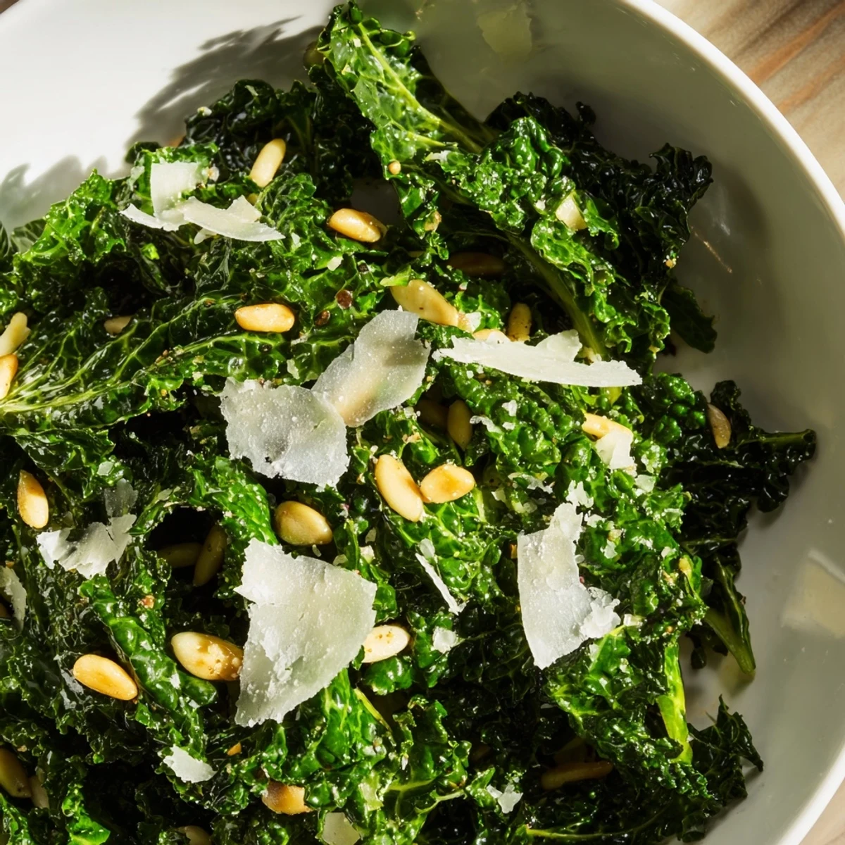 Massaged kale leaves glistening with zesty Garlic Lemon Parmesan Kale Salad dressing on rustic stoneware