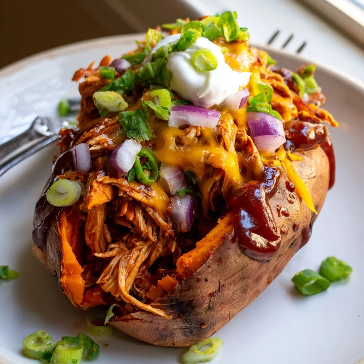 Tender roasted sweet potato topped with smoky BBQ chicken and melted cheddar cheese