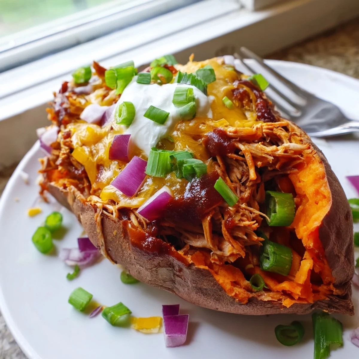 BBQ chicken stuffed sweet potatoes with gooey cheese and fresh green onion garnish