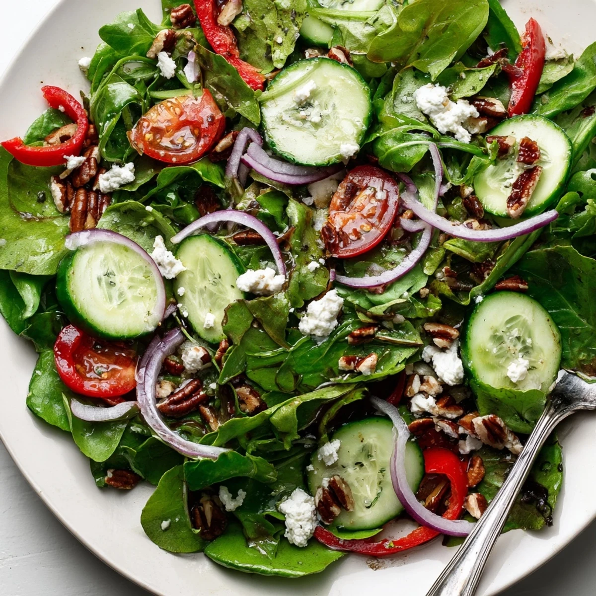 Fresh spring mix salad with colorful vegetables and crumbled feta in a rustic wooden bowl