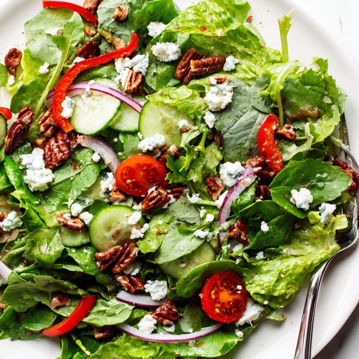 Crisp spring mix salad topped with cherry tomatoes cucumber and tangy balsamic vinaigrette dressing