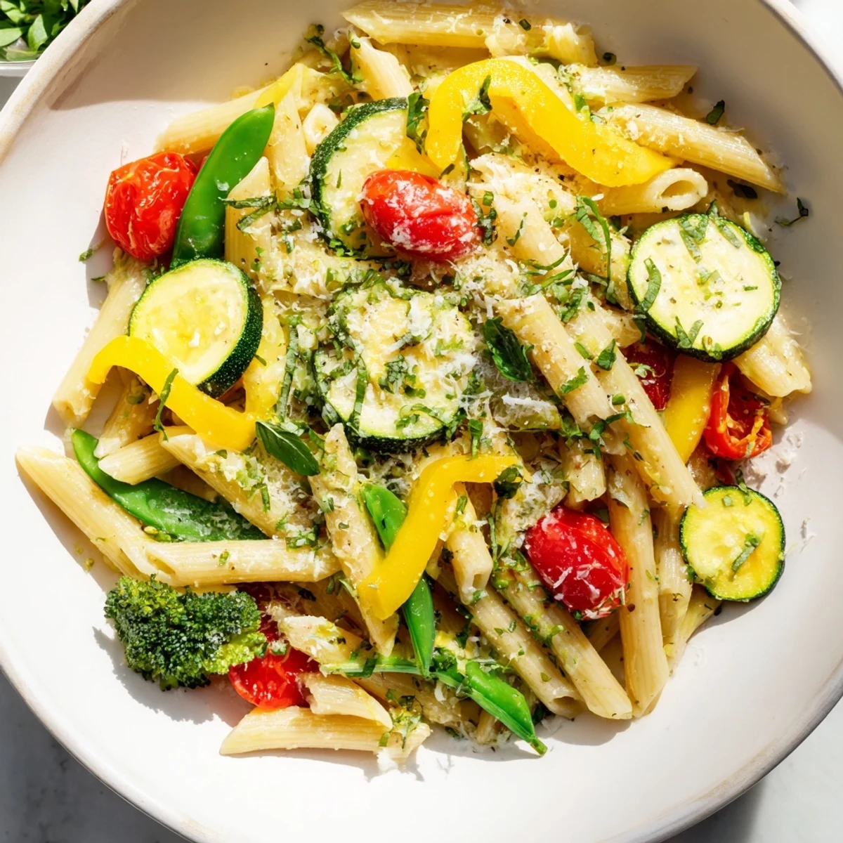 Colorful Pasta Primavera tossed with tender spring vegetables in a light garlic lemon sauce