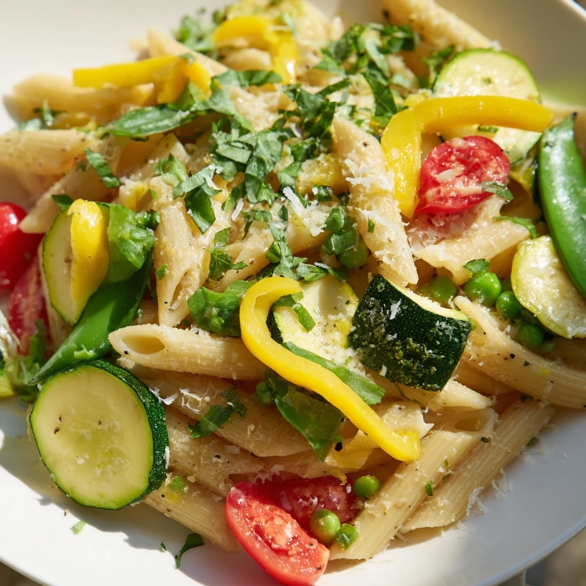 Vibrant Pasta Primavera served in a skillet with broccoli zucchini and cherry tomatoes