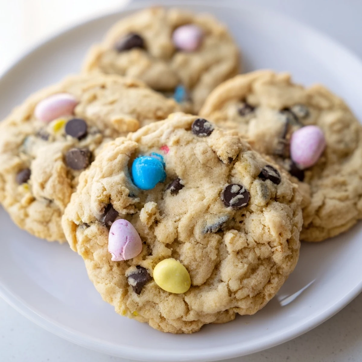 Soft chewy Cadbury Egg Cookies with colorful candy pieces on rustic baking sheet