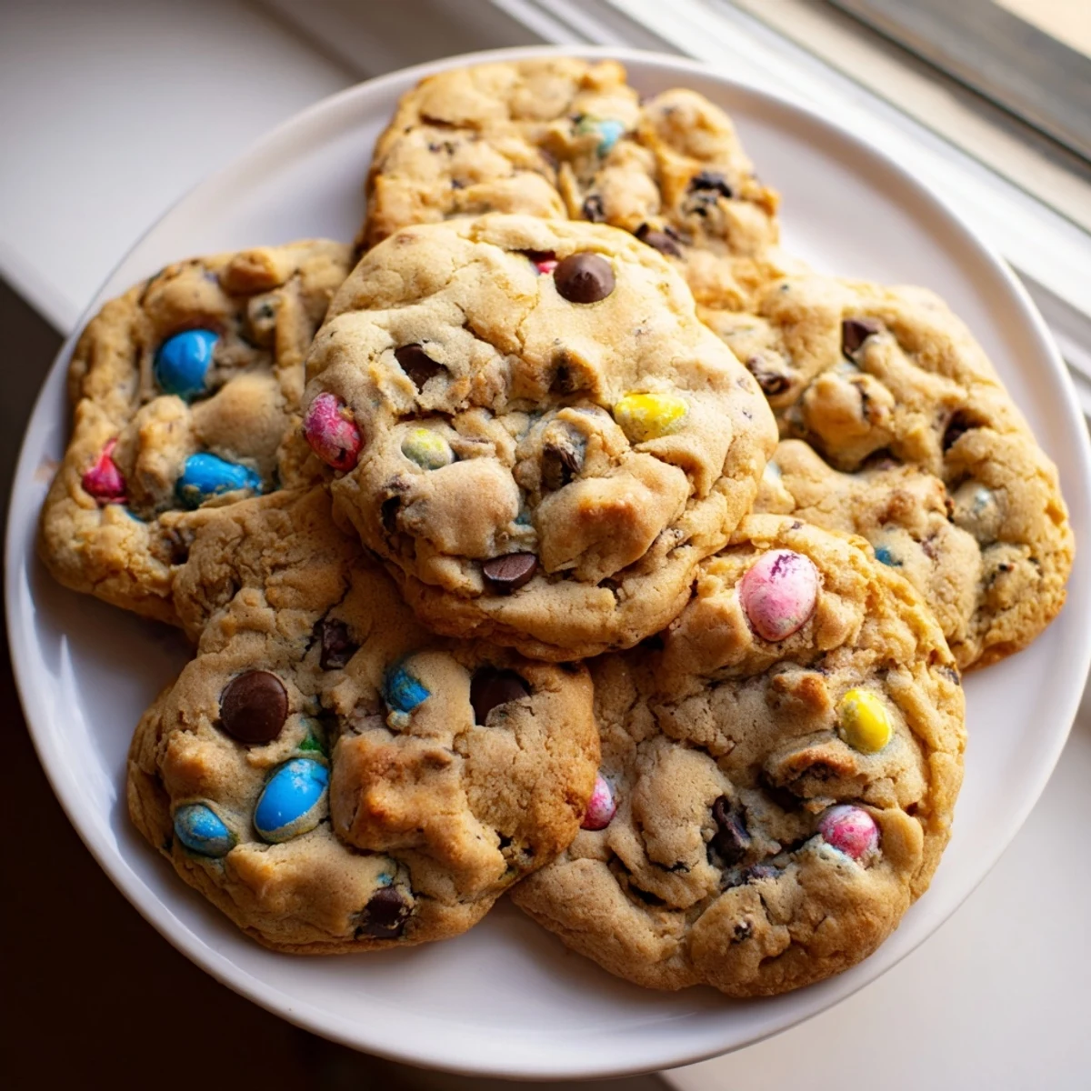 Golden brown Cadbury Egg Cookies studded with chocolate chips and pastel eggs