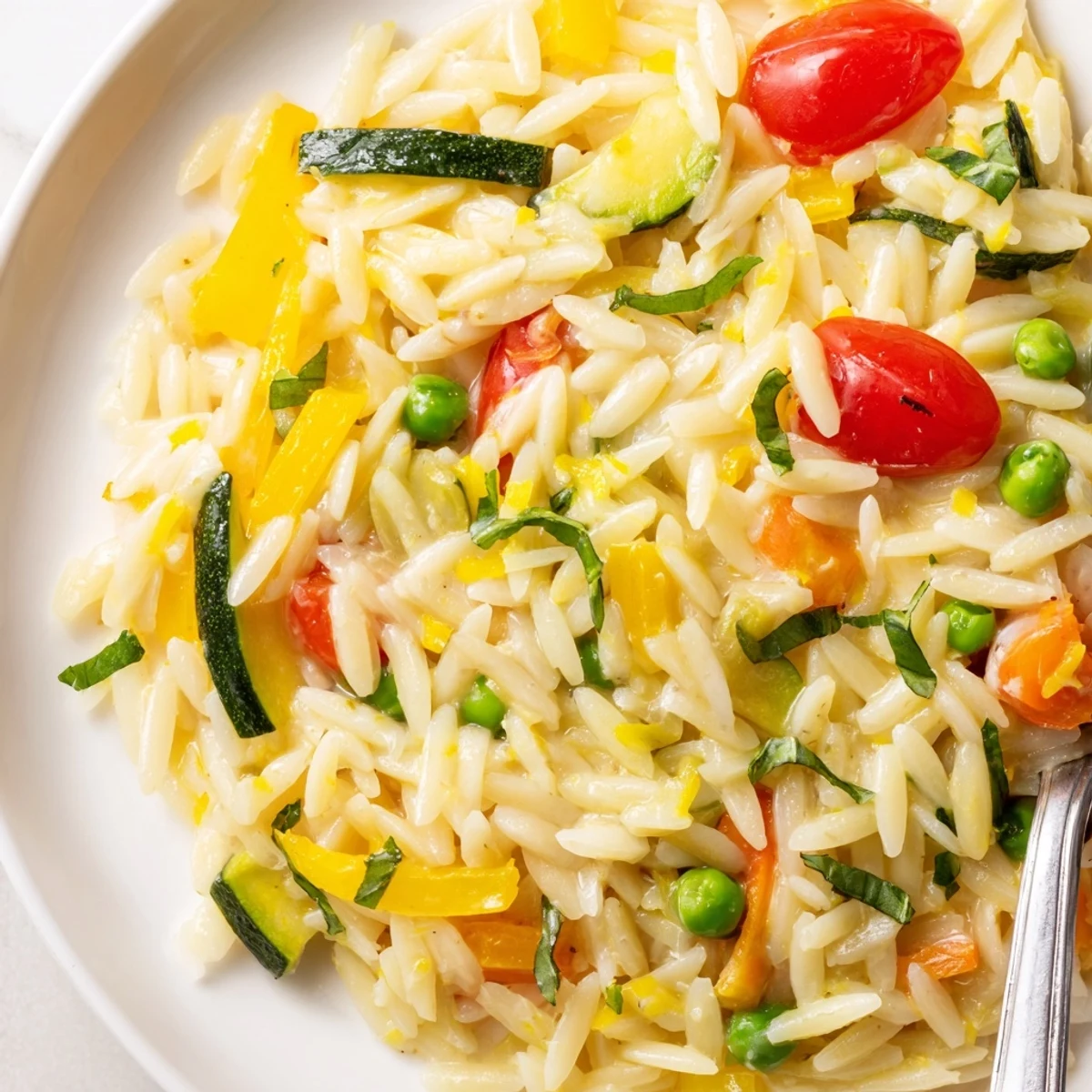 Orzo Primavera served in white bowl topped with Parmesan and basil