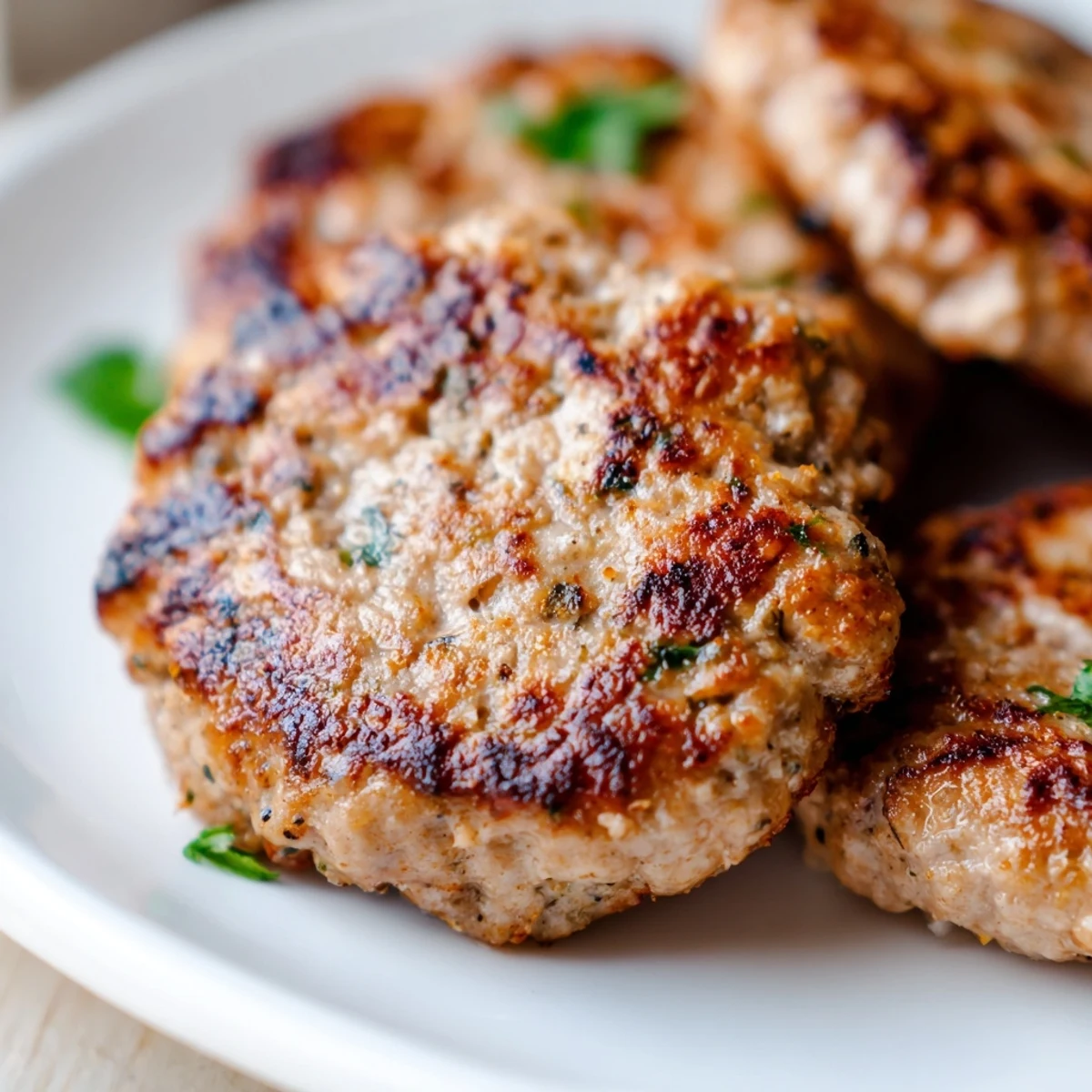 Golden brown ground turkey sausage patties sizzling in a cast iron skillet