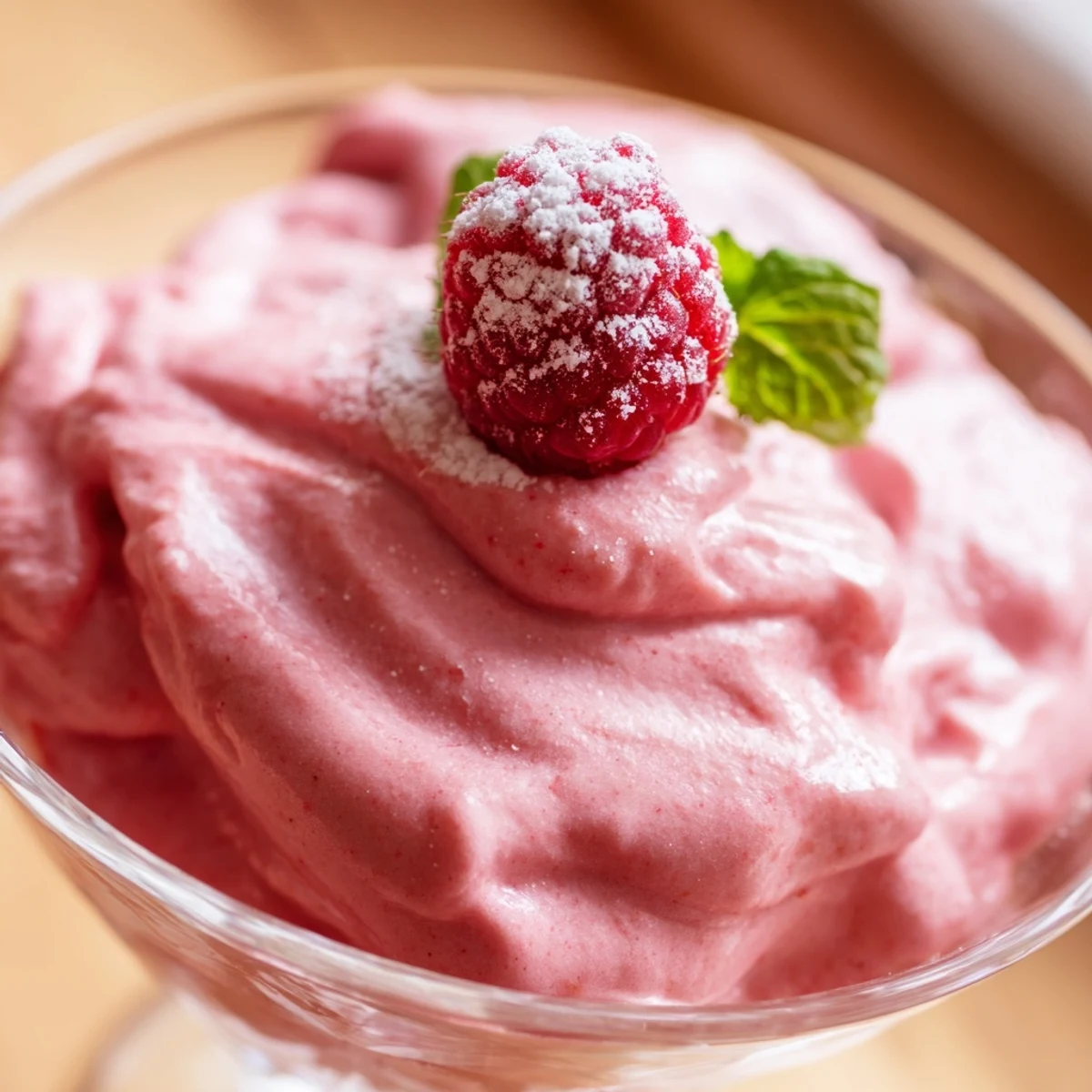 Fluffy Fresh Raspberry Cloud Mousse crowned with jewel-toned berries in elegant glass