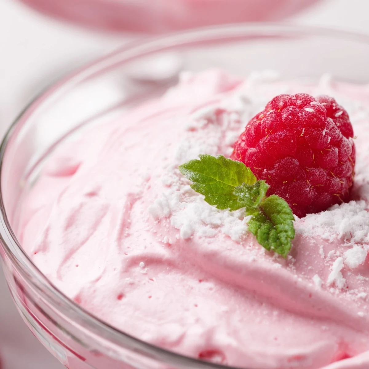 Fresh Raspberry Cloud Mousse served chilled in stemmed glasses topped with whole ripe raspberries