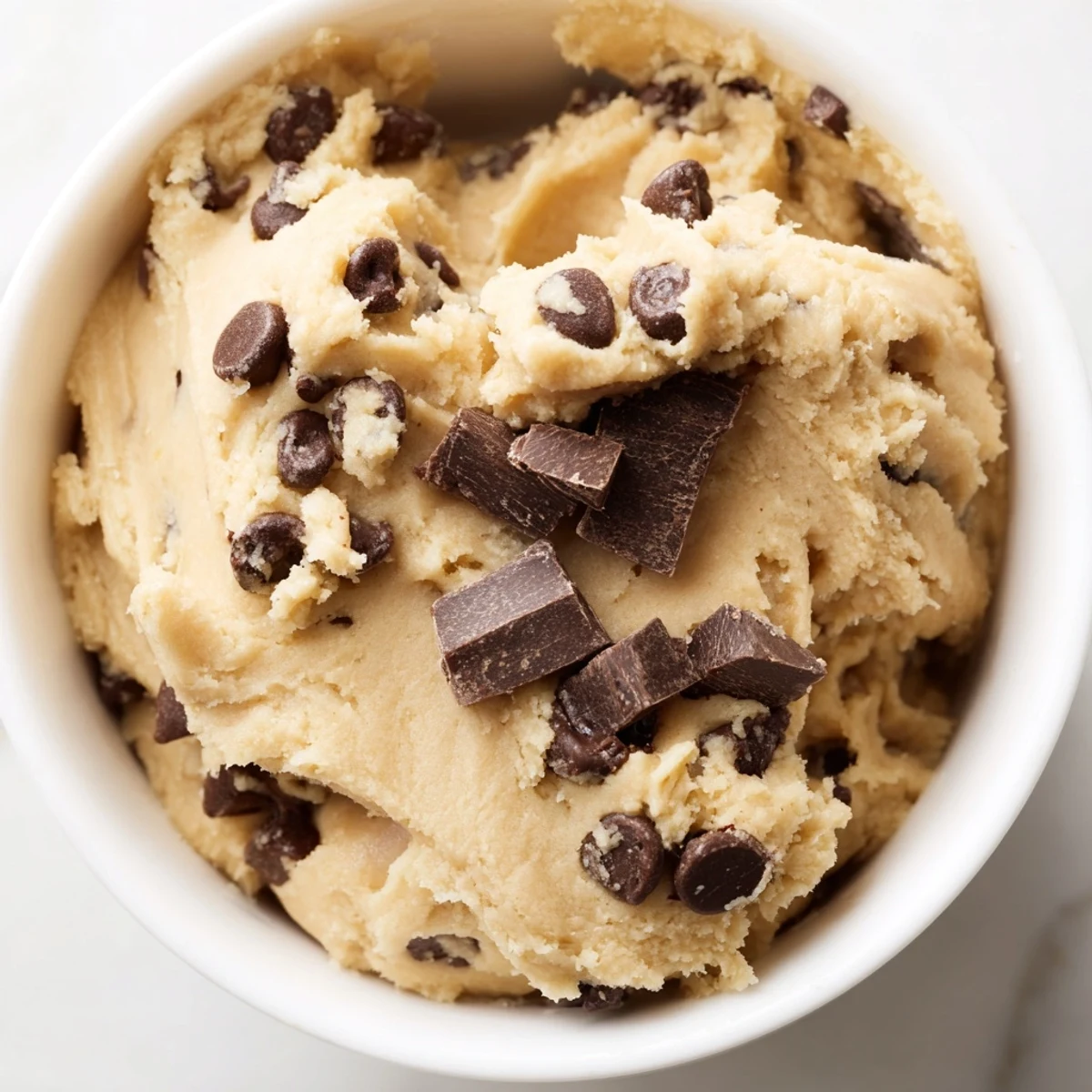 Creamy edible chocolate chip cookie dough scooped into balls and studded with chocolate chips