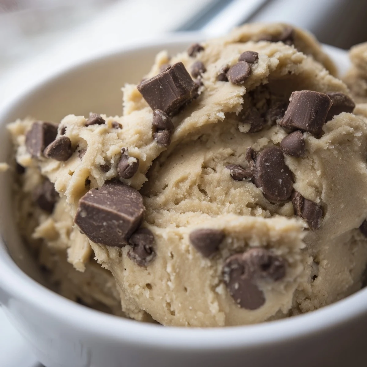 Safe-to-eat chocolate chip cookie dough in a bowl with creamy texture and melty chips