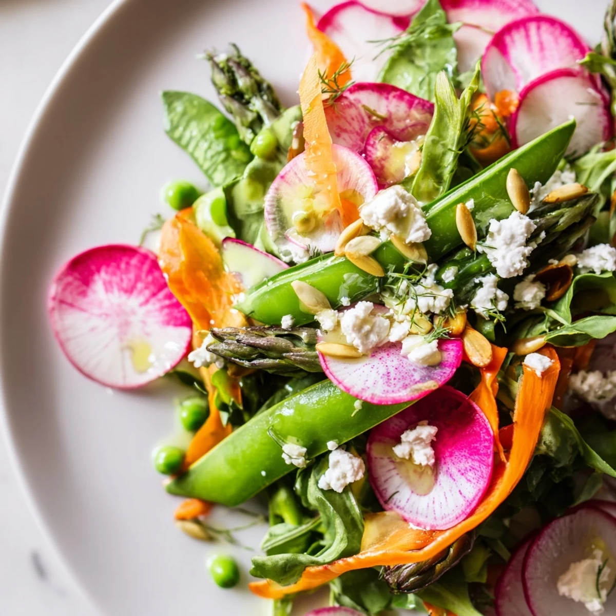 Bright spring salad with crisp greens, radishes, and citrus vinaigrette in a rustic wooden bowl