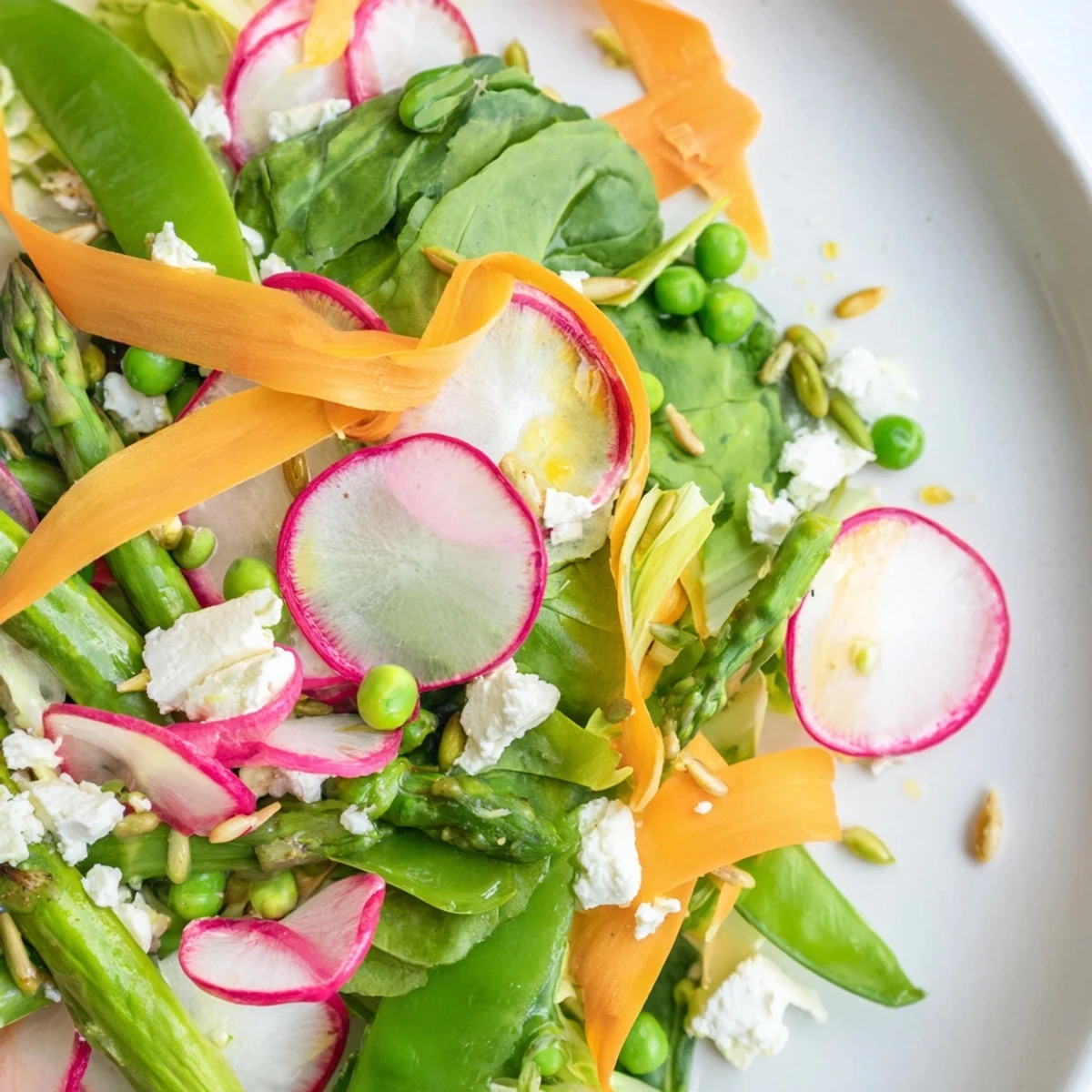 Fresh bright spring salad topped with crumbled feta and toasted sunflower seeds