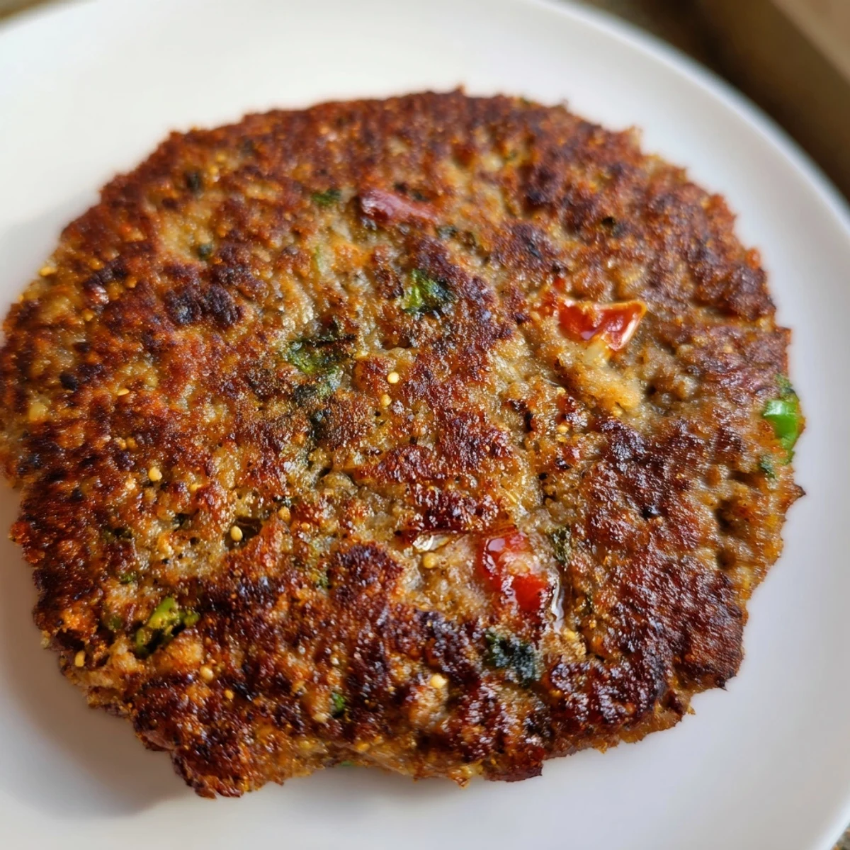 Juicy Pakistani Chapli Kabab plated with fresh naan bread and cool mint chutney